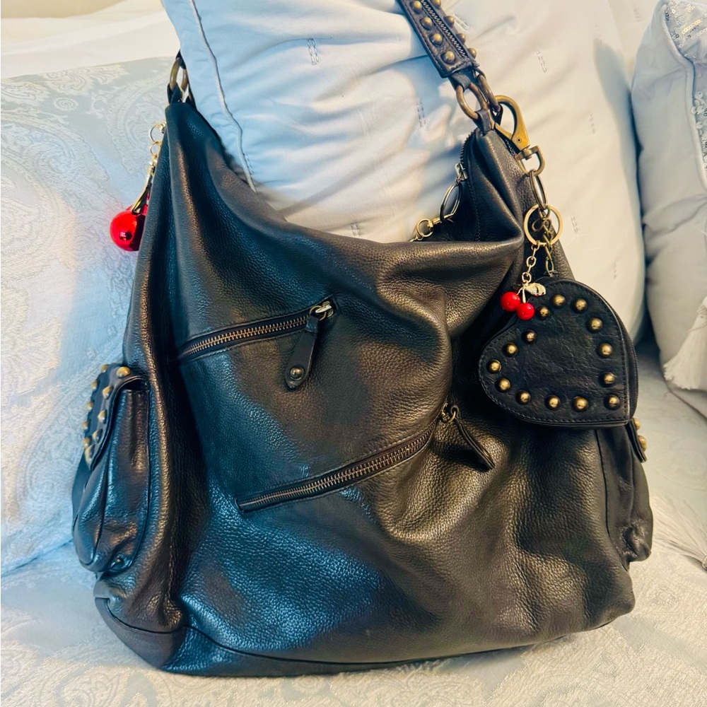 Betsey Johnson Black Hobo Bag All Leather Vintage - Picture 6 of 15